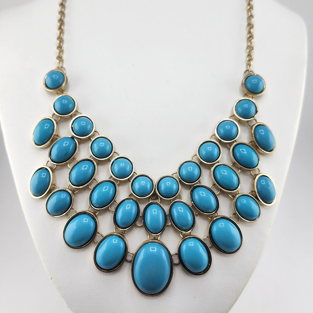 Gold Tone‎ And Turquoise Blue Bib Necklace READ